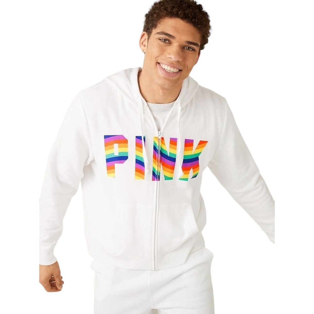 Victoria's Secret Hoodie Womens XS White Rainbow Logo Perfect Fleece Zip-Up